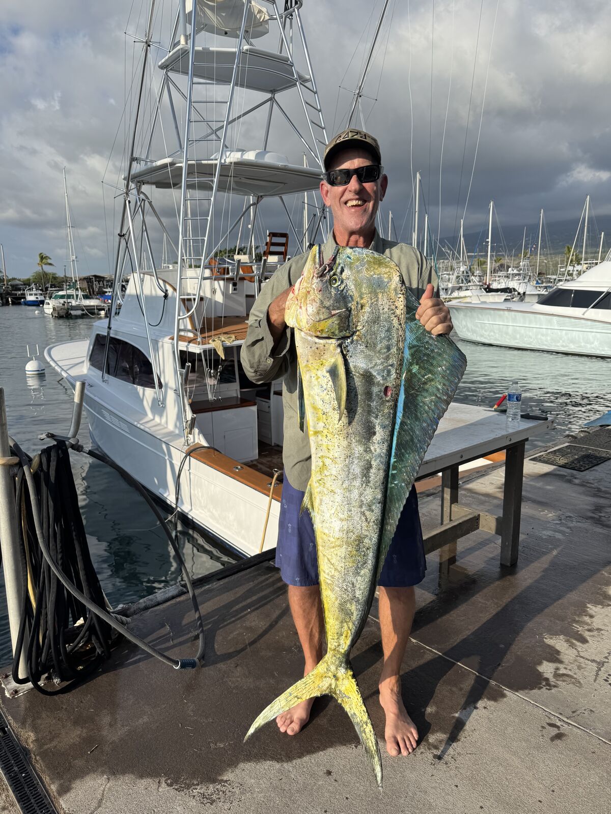 Three yellowfin tuna on the deck